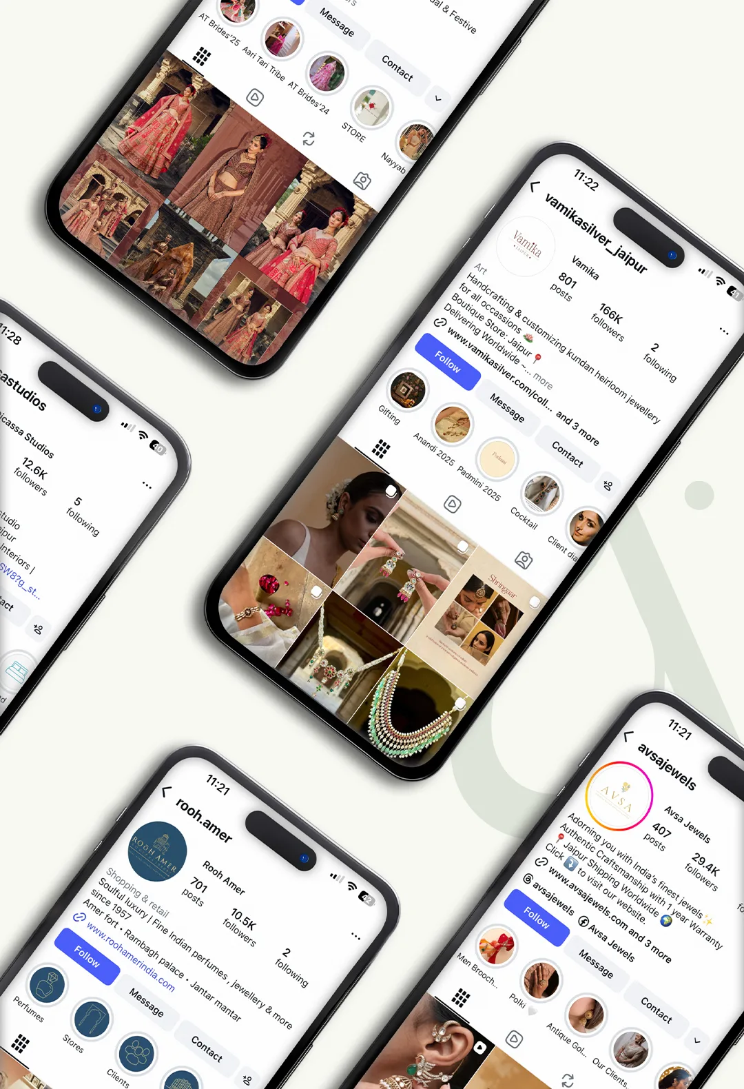 Phone screens showing Instagram profiles that Sage Media manages for client brands