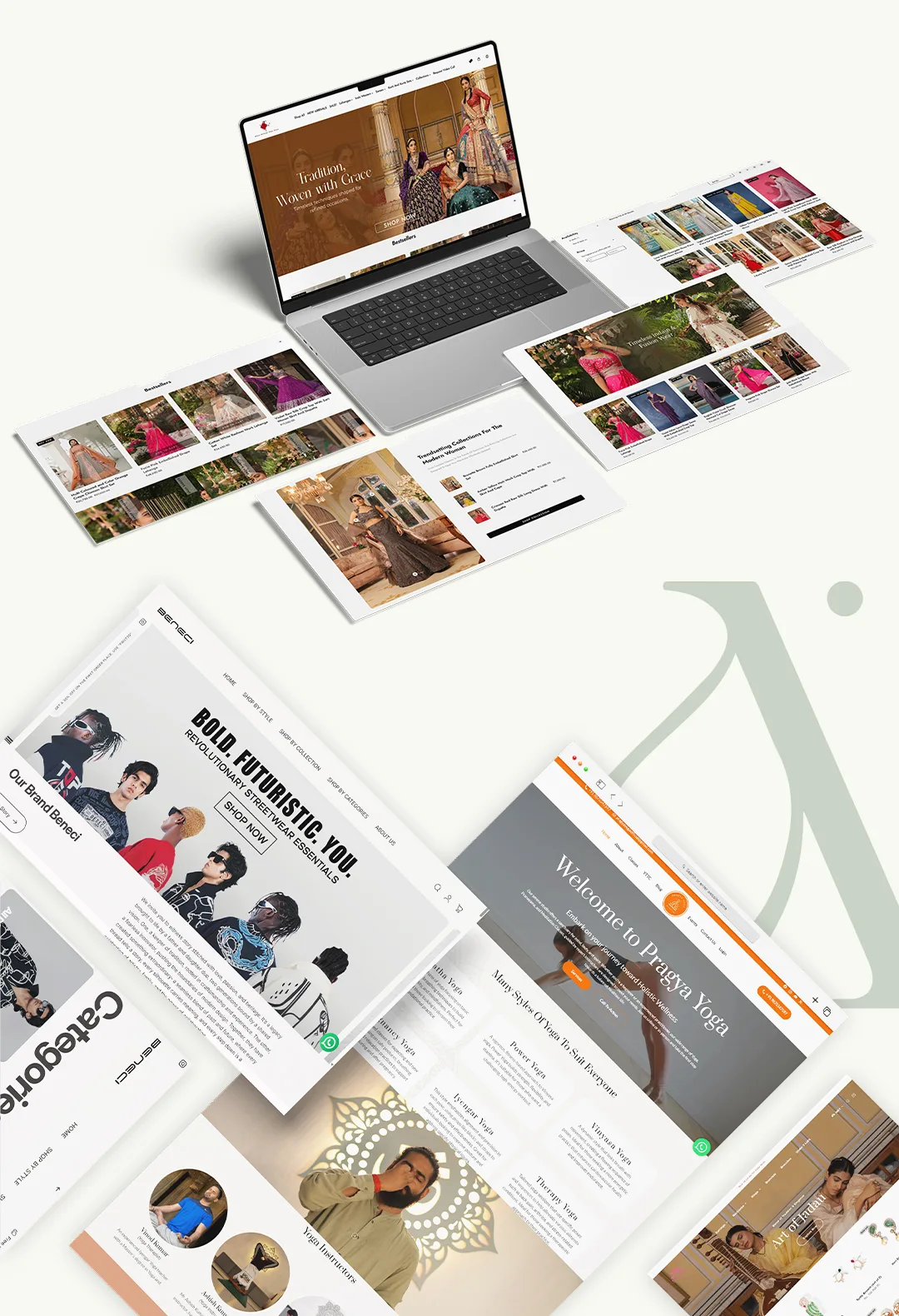 Laptop and web page mockups of websites built by Sage Media for client brands
