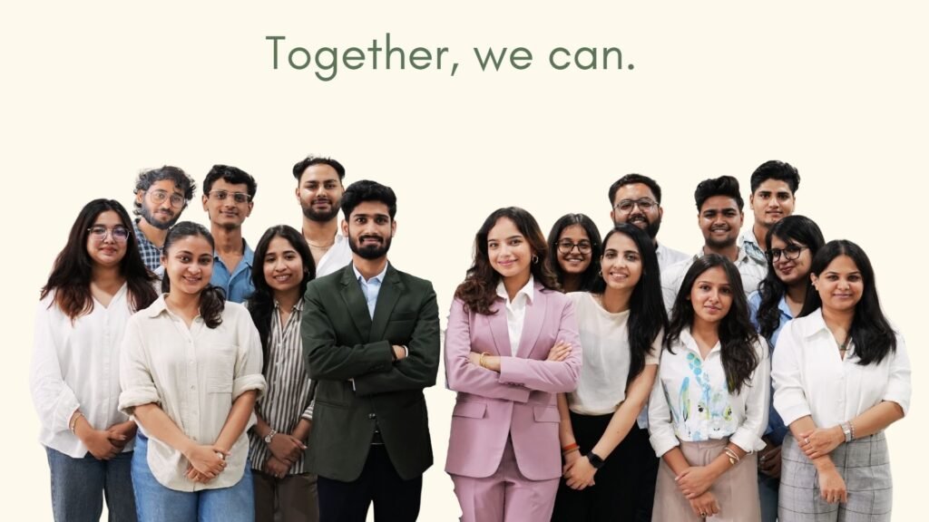 The Sage Media team standing together under the line Together, we can