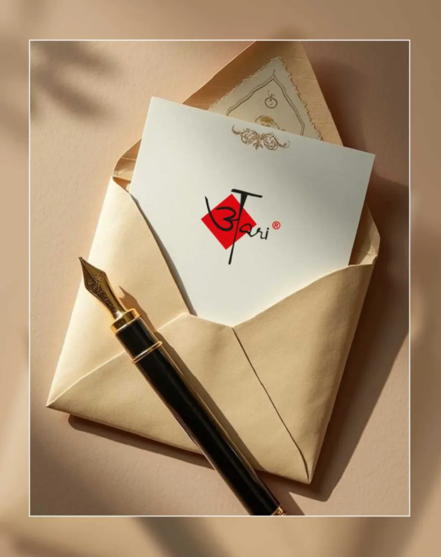Aari Tari invitation-style creative with a fountain pen and envelope