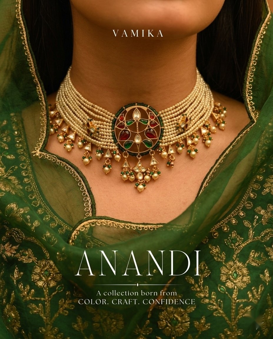 Vamika Silver Anandi collection: kundan choker on a green outfit