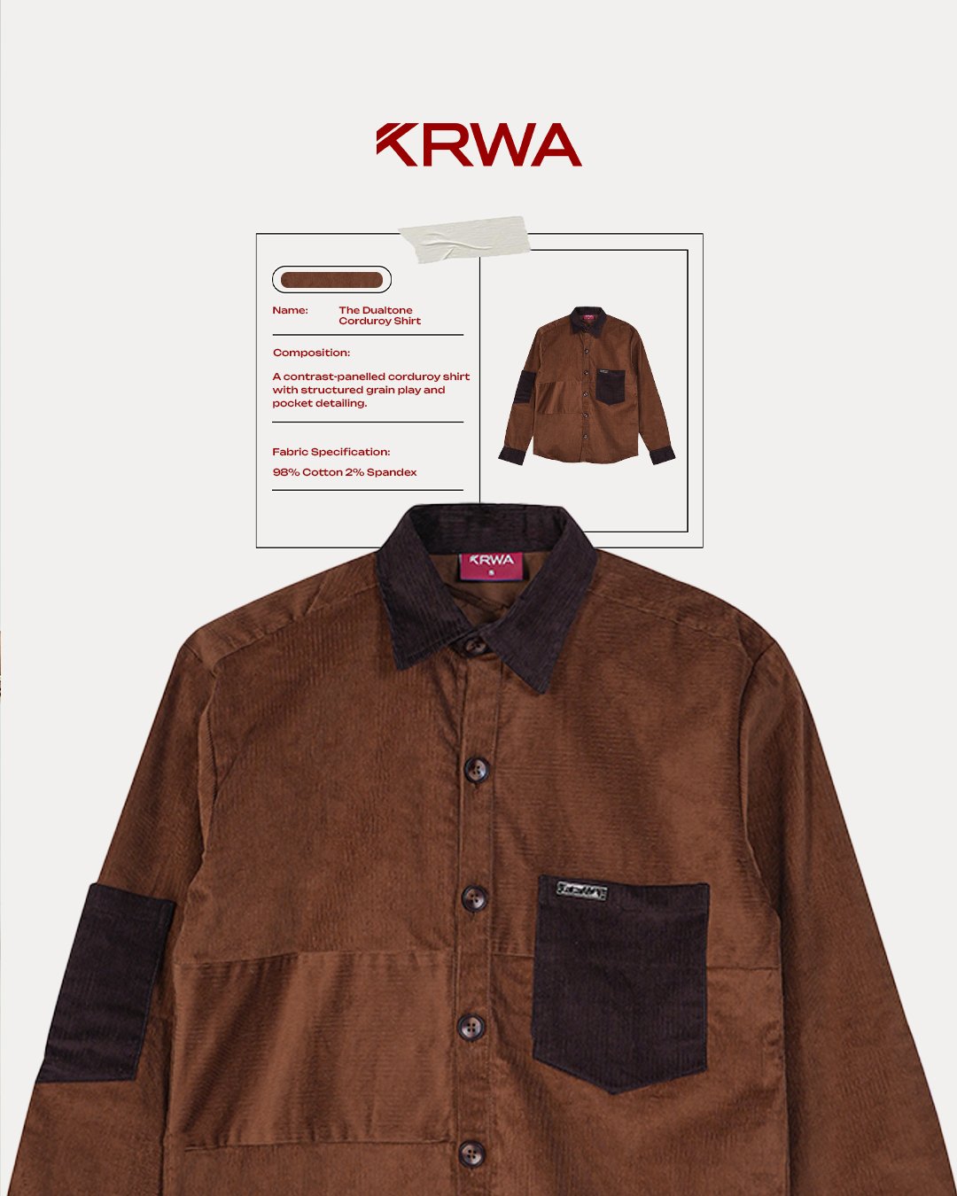 KRWA product card for a brown corduroy shirt with contrast patch pockets
