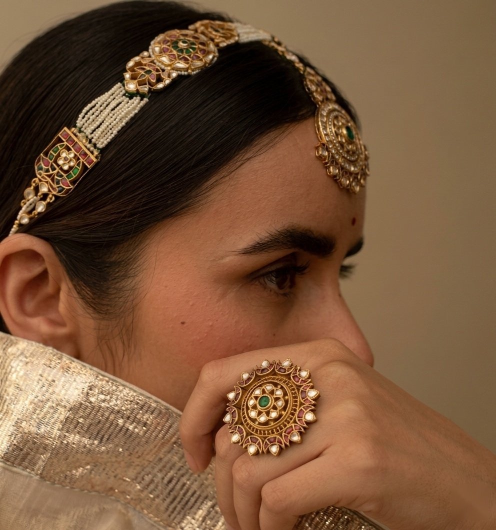 Vamika Silver bridal shoot: model wearing a maang tikka and statement ring